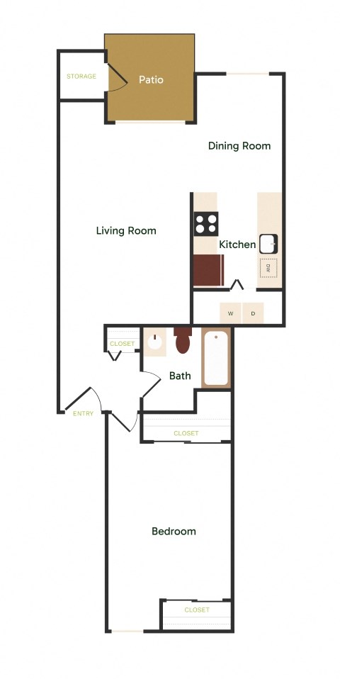 Floor plan for 1 bed, 1 bath, 905 sqft